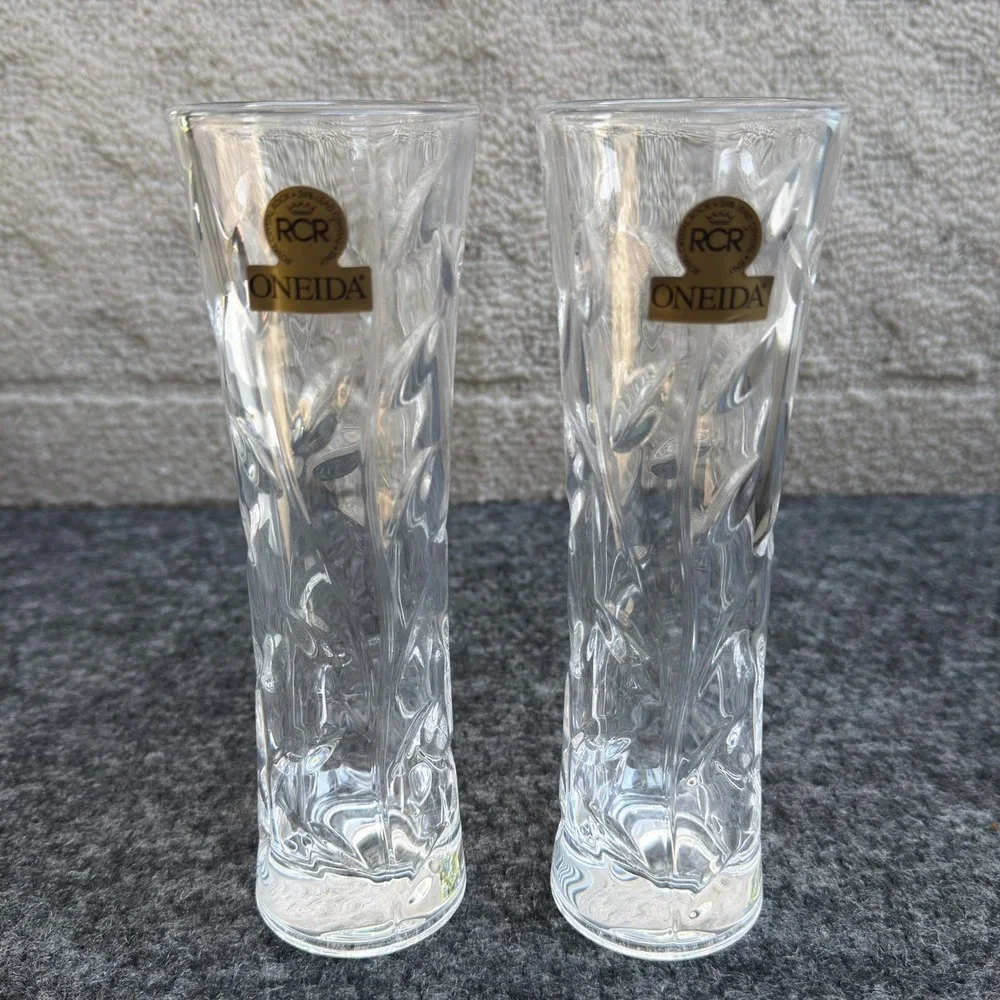 RCR Oneida Crystal Laurus Bud Vase Set of 2 Lead Crystal Made in Italy 7 inch